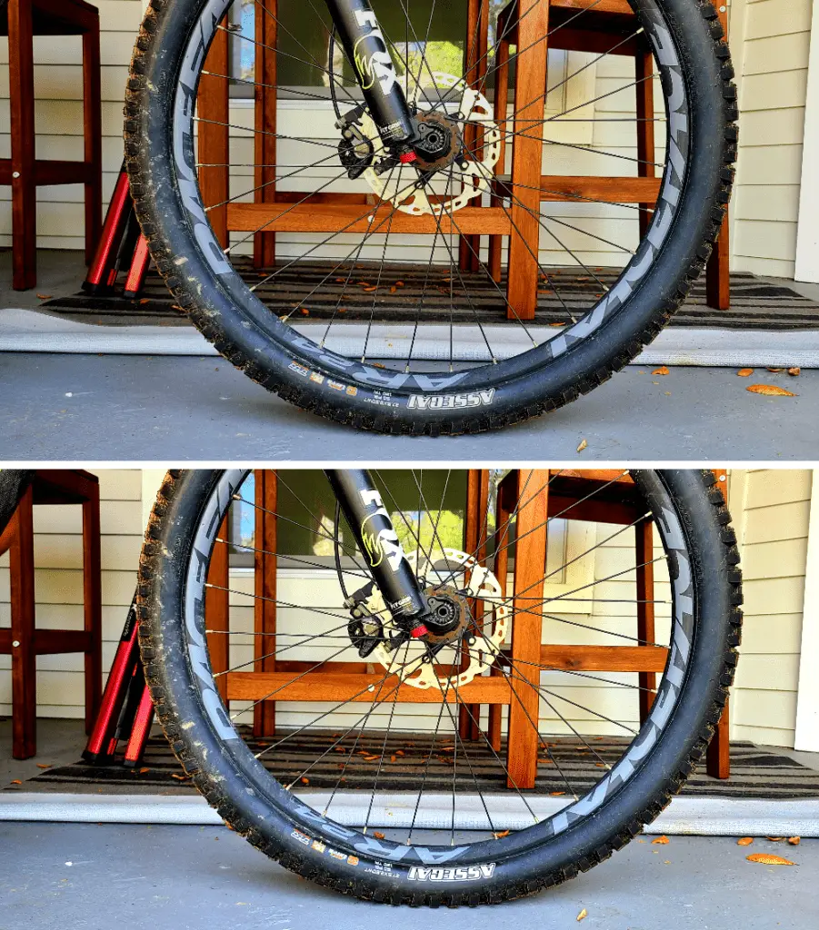Front tire unweighted (top) vs. with rider weight (bottom)