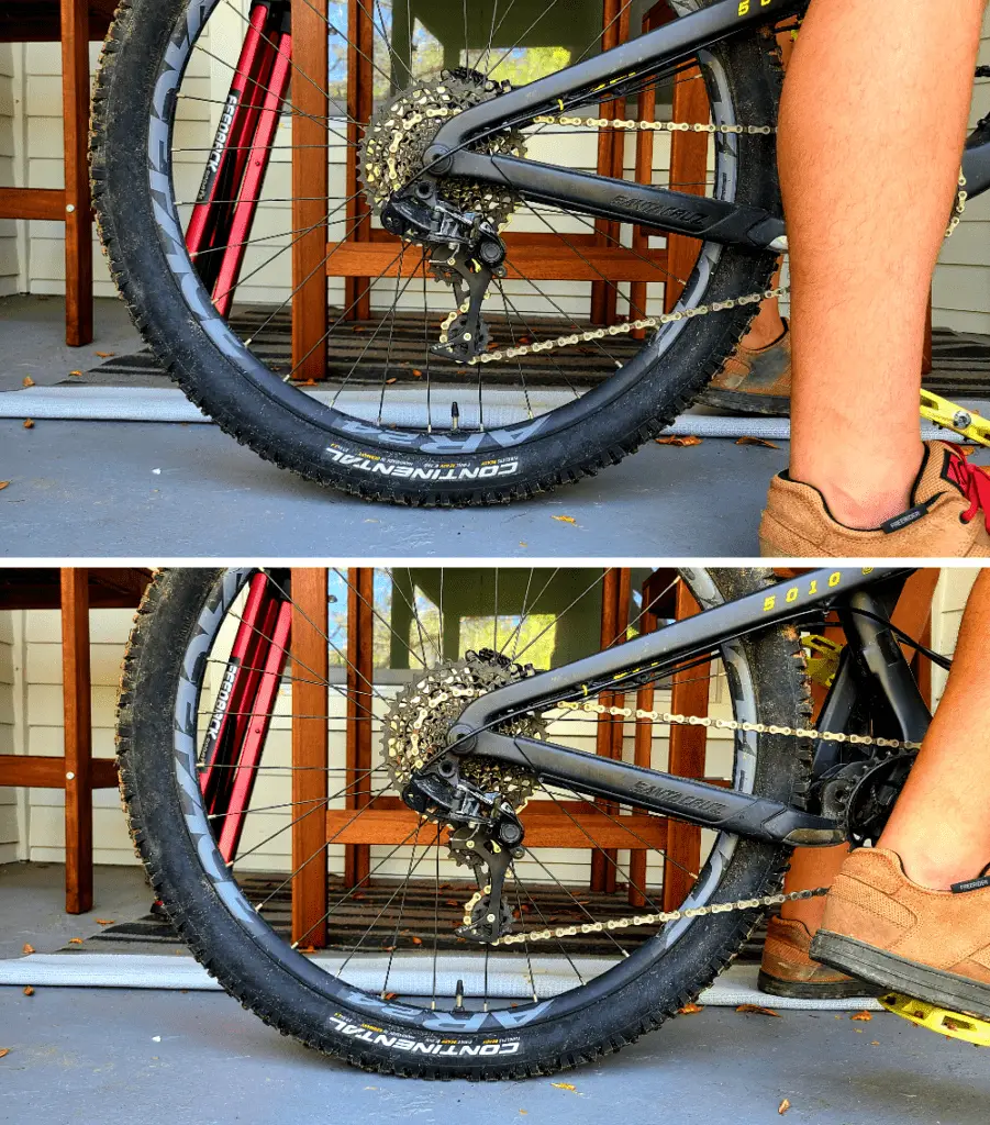 Rear tire unweighted (top) vs. with rider weight (bottom)